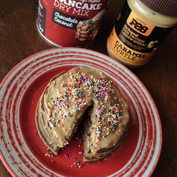 High Protein P28 Chocolate Coconut Pancakes with Caramel Turtle Spread